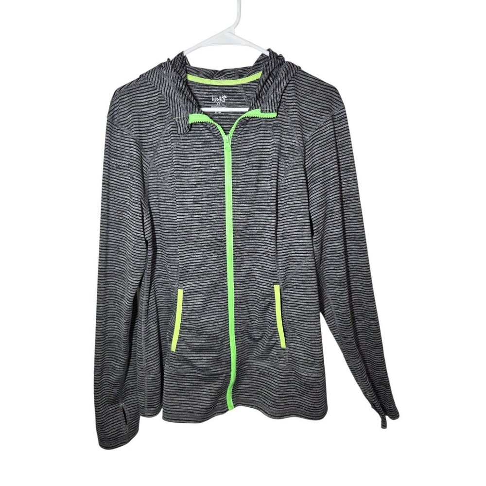 Lukka Gray Green Striped Knit Track Jacket Full Zip Hooded Thumb Holes XL‎